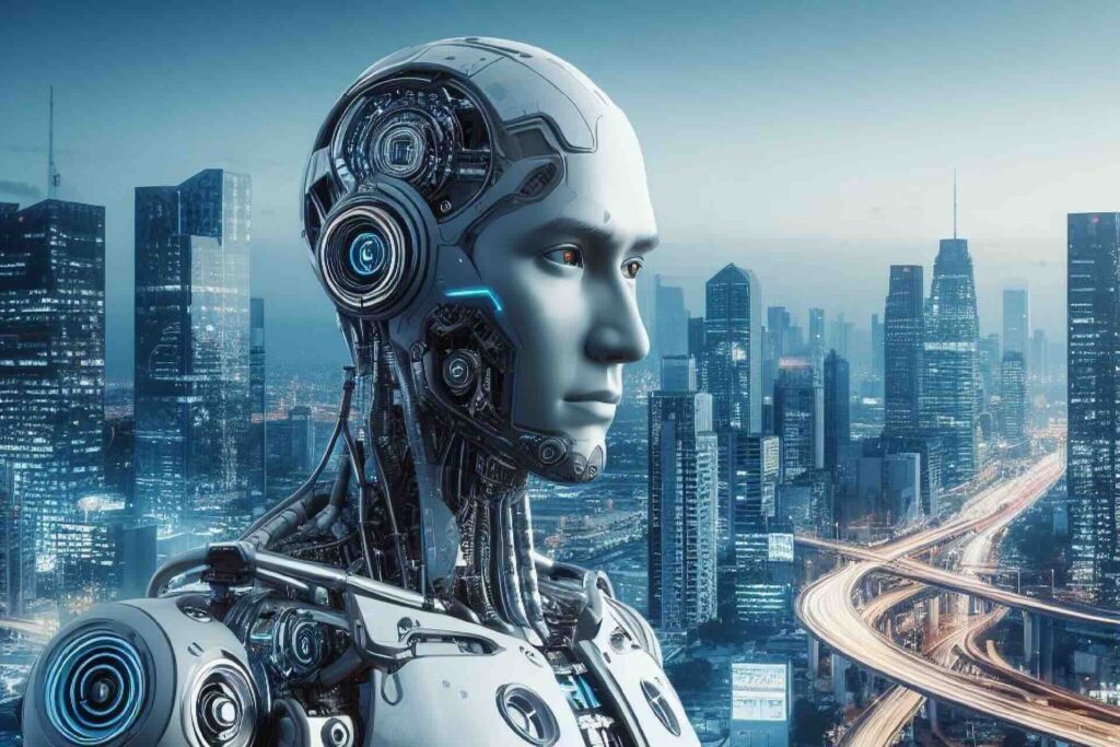 Robot's head and shoulders displaying inner circuitry against city landscape background - WebGrit