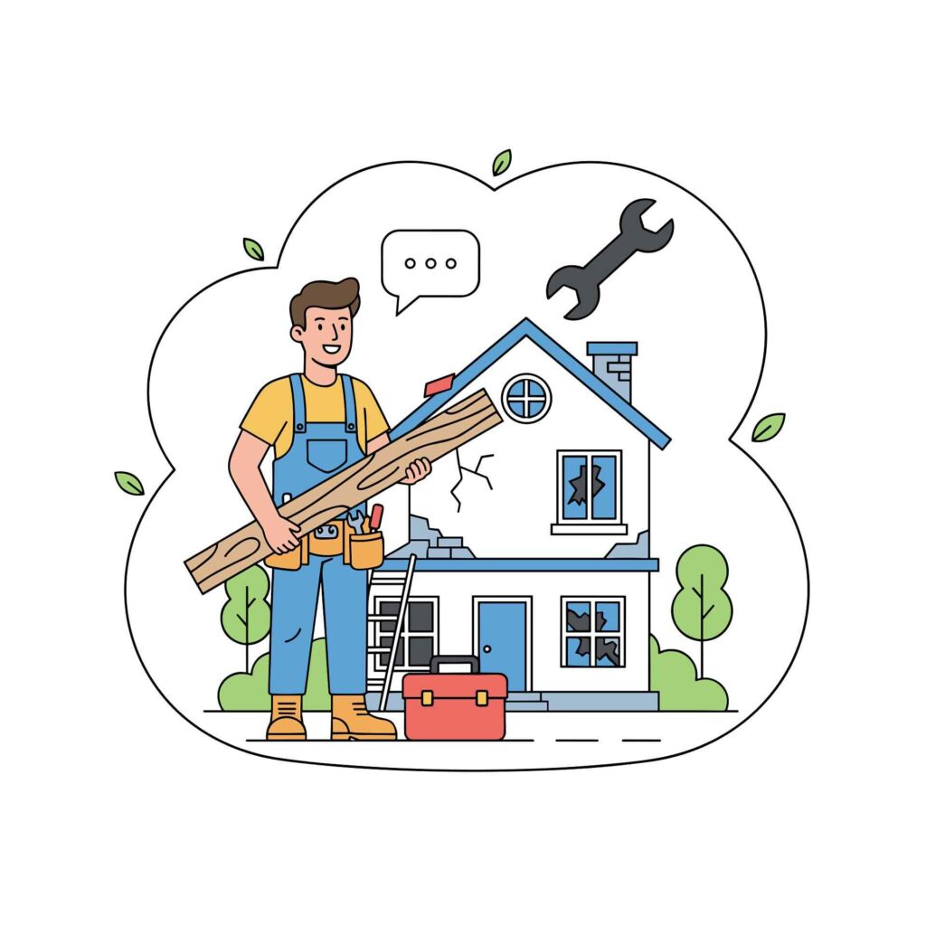 Smiling handyman holding wooden plank stands in front of damaged house with toolbox, ladder, and floating wrench - WebGrit