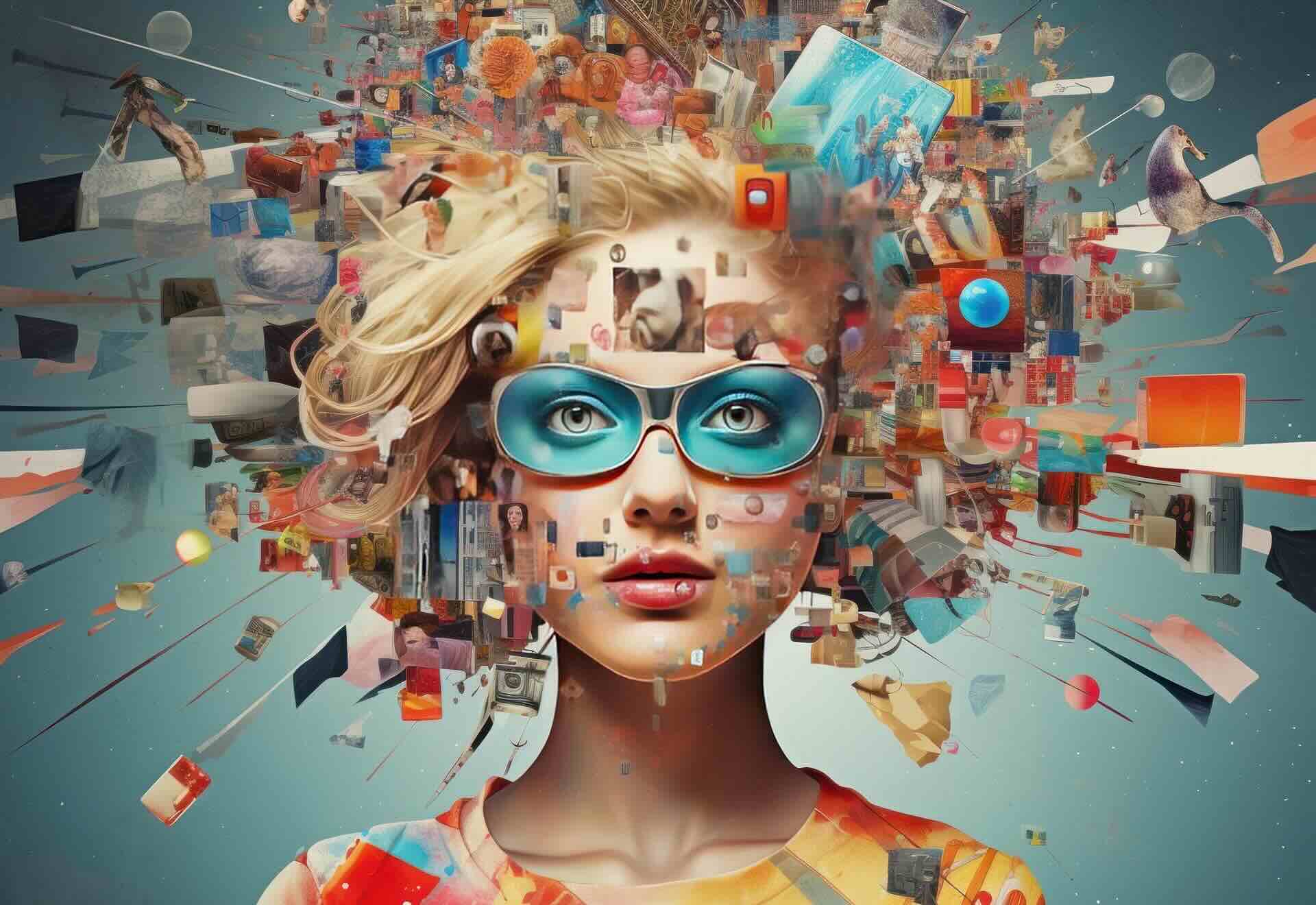Young, blonde woman wears futuristic goggles, surrounded by colorful, digital images and objects radiating from her head, symbolizing creativity and imagination - WebGrit