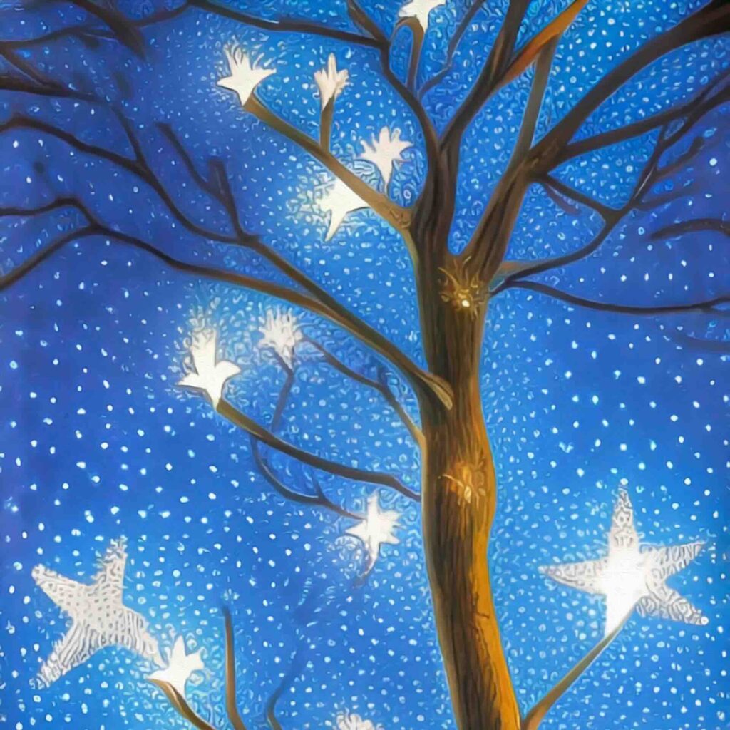Tree with glowing, star-shaped leaves against starry blue night sky - WebGrit